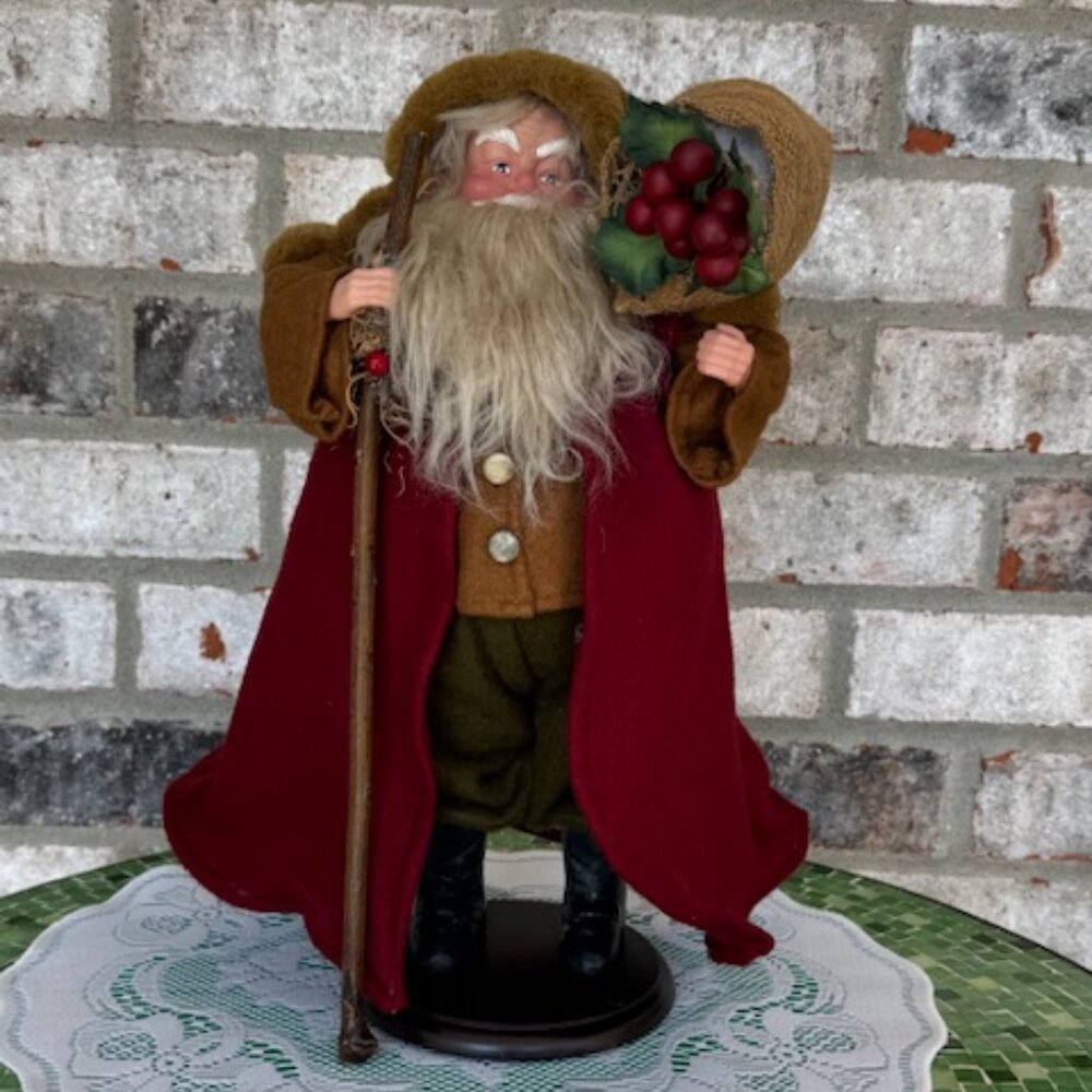 VINTAGE SANTA CLAUS DOLL FIGURINE ON WOODEN BASE 15.5" TALL